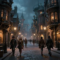 a street level photo of a fantasy steampunk victorian city street, with people walking on the streets, at night, 4k, canon 5D