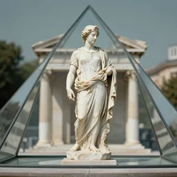 a marble statue of a roman temple captured in a glass pyramid, bokeh, matte painting