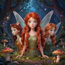 fairies with detailed faces and red hair, enchanted cosmic forest, mushrooms on the ground, psychedelic, wide angle shot, white background, vector art, illustration by frank frazetta