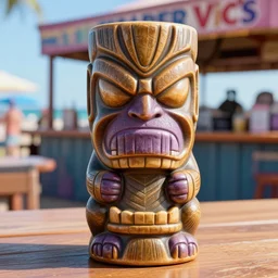 a closeup photorealistic photograph of a thanos style tiki mug sitting at a trader vic's beach bar featuring the face of thanos. tiki party. bright scene. fine detail. this 4 k hd image is trending on artstation, featured on behance, well - rendered, extra crisp, features intricate detail, epic composition and the style of unreal engine.