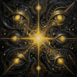 black and gold astral technology oil painting of abstract surrealist forms by yvonne mcgillivray by mandy jurgens by michael divine, powerful eyes glowing highly detailed painting, spiritual abstract forms, symmetrical, trending on art station, abstract emotional, very beautiful, fantasy digital art, highly detailed patterned visionary art, magic symbols, by michael divine, cosmic nebula, black gold color scheme