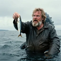 photograph of steve zissou holding out a sardine for the loch ness monster, long shot