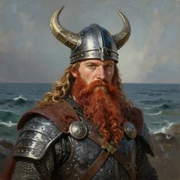 photorealistic painting of Viking captain, helmet with horns, red long beard, long dark blonde curly hairs, green eyes Viking armor, background rough sea, elegant, painting, style of ruan jia, trending on artwork station, digital painting, sharp focus
