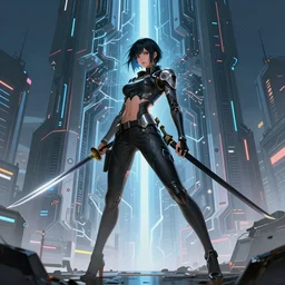 cyberpunk girl with a katana in front of a cybernetic building, electric energy, beautiful, full body shot, getting ready to fight, heroic pose, urban motifs, intricate, elegant, highly detailed, digital painting, trending on artstation, concept art, smooth sharp focus, illustration, art by artgerm and greg rutkowski