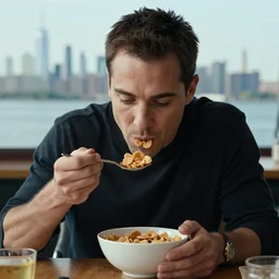 jc denton from deus ex eats cereal at a table, liberty island, high quality, photorealistic, highly detailed face, smooth, sharp focus, 4 k, hd