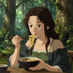 a detailled portrait of a 👩 eating 🍜 in a forest, next to a 🌲 | portrait by ( wlop ) ( noriyoshi ohrai ) | forest background by canaletto | trending on artstation | volumetric light, raytracing, anime, fantasy