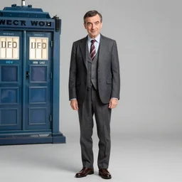 Mr Bean (Rowan Atkinson) starring as the new Doctor Who 2022, standing in front of the TARDIS, award winning photography