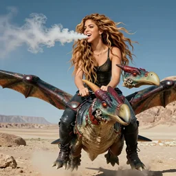 shakira riding a pterodactyl, farting madly.