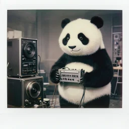 detailed medium format photo, polaroid still from tarkovsky movie, a giant chinese panda character, holding a box of cables and standing next to old electronic equiptment, haze, high production value, intricate details, 8 k resolution, hyperrealistic, hdr, photorealistic, high definition, technicolor, award - winning photography, masterpiece, black and white