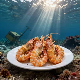 a plate of breaded scampi underwater, trawl damaged seafloor