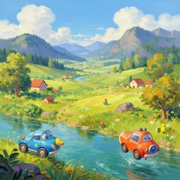 digital painting thomas kinkade # buccolic / colored james gurney # total fantasy / dinos rhads # water - colorful, scenery, highlights greg rutkowski # you know what it looks like tuomas korpi # cute worlds, game design alejandro burdisio # flying cars, cute, colorful