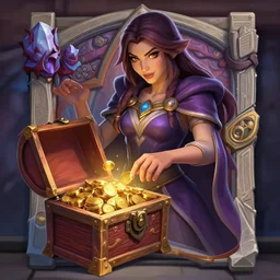 Full body Hearthstone official professional art, with realistic beautiful body & face & eyes. Important:A sorceress opening a chest full of gold. Completly coherent and well drawned physical body parts, ArtStation. Very detailed hands with 5 coherent fingers.