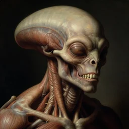 closeup portrait of ribbed alien covered with ribs teeth muscle tissue, lucid dream - like heavy atmosphere, baroque painting, harsh flash photo, perfect composition, detailed octane render trending on artstation, 8 k artistic photography, volumetric cinematic perfect light, chiaroscuro, masterpiece, raphael, caravaggio, beksinski, rutkowski, beeple