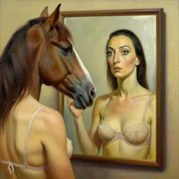 a beautiful painting a well - built woman with a horse face, wearing a bra to look in the mirror, by salvador dali realistic oil painting