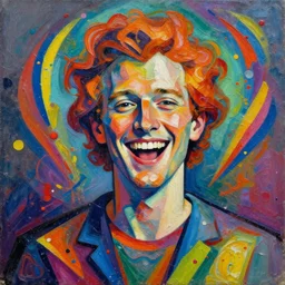a portrait of a laughing man with ginger hair, by ross tran in a cubist style with heavy impasto, psychedelic, rainbow, swirling splattered colors, otherworldly, abstract