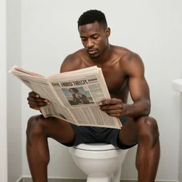 a black male with muscle sitting on a toilet reading newspaper