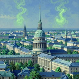 Blue and green Cityscape of Ancient neoclassical city. By (Rembrandt painting(100)(fractal flame)), highly detailded