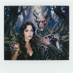 8 0 s colour photograph artistic polaroid of highly detailed portrait of ama de armas and biomechanical demon in magical forest, soft lighting insanely detailed concept art by luis royo, giger, beksinski, todd mcfarlane, lotr, soft lighting, particle fx renderer photorealistic