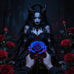 dark hell style, with blue and red roses, first person