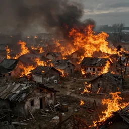 a devastated village with fire extremly high detail, photo realistic, cinematic lighting, post processed, concept art, artstation, matte painting,