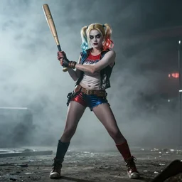 real-life Harley Quinn with baseball bat, cinematic, Wide-shot, atmospheric fog and lighting, directed by Tim Burton, extreme detail, 8K, movie still, 1980