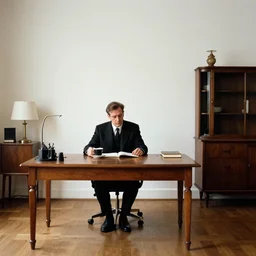 man in desk with coffee and black suit by leyendecker and dean cornwell, 8 feet from the camera, 6 0 ´ s furniture