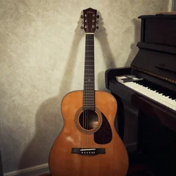 a guitar and a piano in a distressing art style