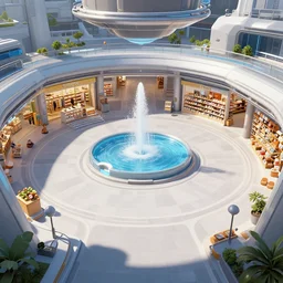 a open plaza area on a spaceship with a water feature in the middle and stores around the outside, from a point and click 2 d graphic adventure game, art by thomas kinkade