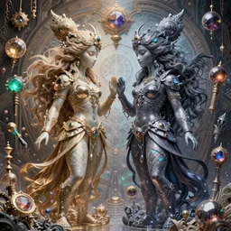 epic large image of two beautiful gemini twins good and evil, fantasy character art, ultra realistic, wide angle, intricate details, the fifth element artifacts, highly detailed by peter mohrbacher, hajime sorayama, wayne barlowe, boris vallejo, aaron horkey, gaston bussiere, craig mullins, 3 5 mm
