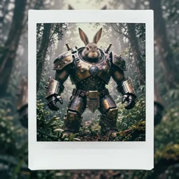 photograph by discovery channel! full shot!! armored hulked borderlands rabbit superhero rugged barbarian, fog, in deep forest jungle, overcast!!! cinematic focus, polaroid photo, vintage, neutral colors, soft lights, foggy, by steve hanks, by serov valentin, by lisa yuskavage, by andrei tarkovsky