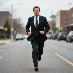 1 9 9 9 andy richter wearing a black suit and necktie running down an empty street, overcast afternoon