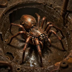 mechanical steampunk spider in a large dimly lit wet sewer, ultra detailed digital art, fine drawing, grunge, hyper real, 4 k, moody lighting, warm colors, shaded