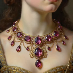 highly detailed oil painting, historical, art nouveau, ornate, delicate, royal, renaissance, brilliant magical gemstones choker, around a neck, octane render, realistic, dramatic light, 3 d, photograph 4 k,