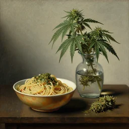 Dutch still life oil painting from the 1600s, Bowl of pasta, Cannabis plant inside a glas vase, weed