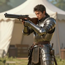 a tent wearing a suit of armor and aiming a gun, digital art, artstation, detailed, realistic
