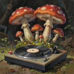 A realistic painting of a vintage turntable, with giant psychedelic mushrooms growing out of it, in a post apocalyptic setting, ghibli, unreal 5, DAZ, hyperrealistic, octane render, RPG portrait, dynamic lighting