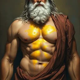 painted upper body portrait of rugged zeus with gold paint smeared on torso, heavenly god [ white hair ] masculine mature rugged mighty handsome muscular flowing robe fantasy elegant detailed digital painting trending artstation concept art sharp focus asymmetrical illustration art by greg rutkowski alphonse mucha