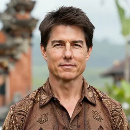 a portrait photo of tom cruise wearing batik bali when holiday in bali, perfect faces, sigma 3 5 mm