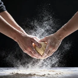 two hands! manipulating a dough! floating in the air, black background, flour dust spray, backlit, high quality action photography, studio photo, 50mm