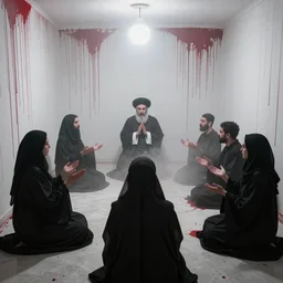 satanic occult seance conjures hizbillah in a misty white room with red bfluid dripping from the walls