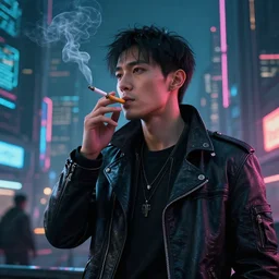 a cyberpunk futuristic man smoking cigarettes behind a cyberpunk city, 8 k, sharp, detailed, photorealistic, octane render.