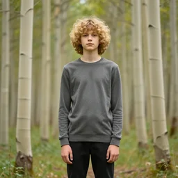 a tall figure standing in the aspen forest,  portrait of a feminine boy with curly shoulder length dirty blond hair, wearing a white t shirt and black work apron, dramatic lighting, illustration by Greg rutkowski, yoji shinkawa, 4k, digital art, concept art, trending on artstation