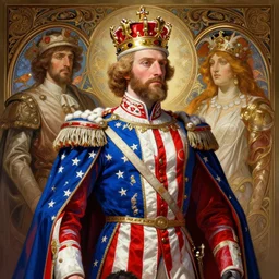 the king of the united states of america, is crowned in washington d. c, ancient, historical, intricate, highly detailed, dynamic lighting, digital art, usa colors, red and blue suits, digital painting, artstation, wlop, sharp focus, illustration, art by artgerm and greg rutkowski and alphonse mucha, 8 k