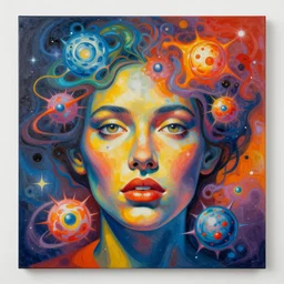 abstract artwork, face portrait filled with cosmic entities, saturated matte colors, highly detailed mural work, vibrance, eye - candy, gorgeous, impressionism, artstation, gallery - art