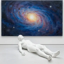 by robert hagan pastel white, inca threatening, depressing. art installation. paralyzed by the indescribable beauty of the cosmos.