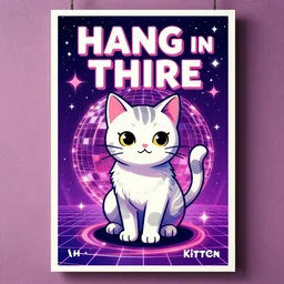 HANG IN THERE KITTEN poster in a disco style