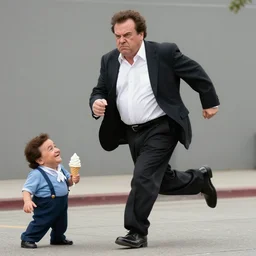 realistic action photo of an Angry Alex Jones, running after small giggling Danny DeVito carrying an ice cream