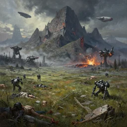 landscape painting of destroyed meadows with destroyed mountainrange from hell in background, spaceships, land troops, ccyborg factory, cyberpunk, cyber world war 3 with agony, nuclear bomb crater, detonation. ai enemy, cyber war battlefield, dystopian wasteland, dead bodys, destroyed nature, apocalyps, winter, fine details, magali villeneuve, artgerm, rutkowski