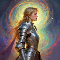 side profile painted portrait, imogen poots as a paladin, steel armour, d & d, gloomhaven, soft luminescent glow, art nouveau, beautifully backlit, ripples, swirly vibrant color lines, fantastically gaudy, aesthetic octane render, 8 k hd resolution, by ilya kuvshinov, cushart krentz, gilleard james