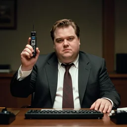 cinematic film still from 1994 film: portly clean-shaven white man wearing suit and necktie at his desk, holding his left up in the air, XF IQ4, f/1.4, ISO 200, 1/160s, 8K, RAW, dramatic lighting, symmetrical balance, in-frame